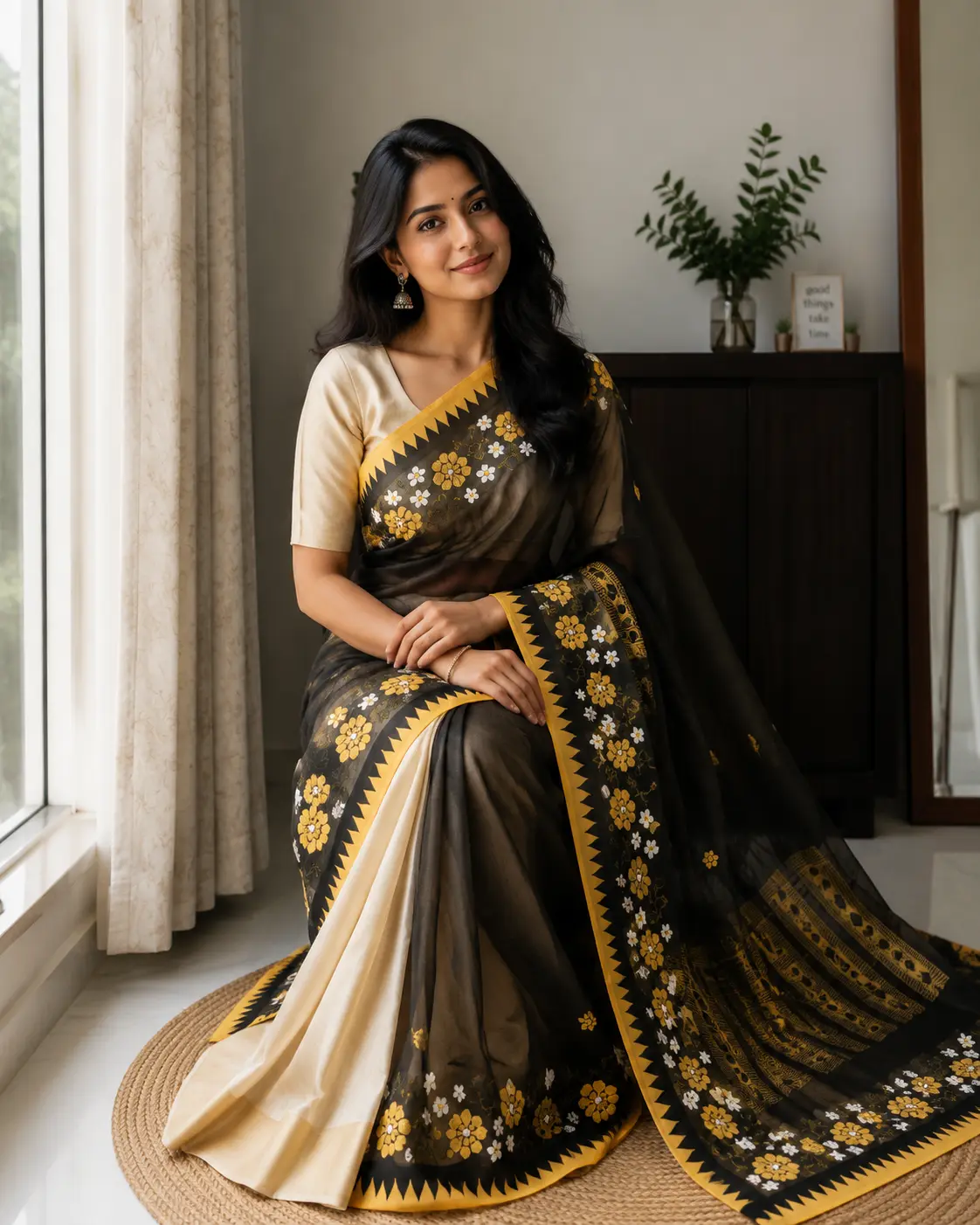 Elegant Black Floral Cotton Silk Inaaphi with Golden Border